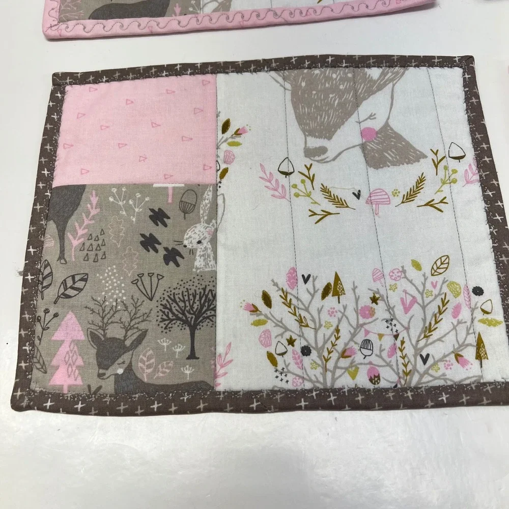 Handmade Woodland Deer Bunny‎ Kids Placemats Set of 4 Pink Brown Reversible 10x8